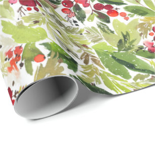 Papier Cadeau Aquarelle de Noël Festive Foliage Holly Berry