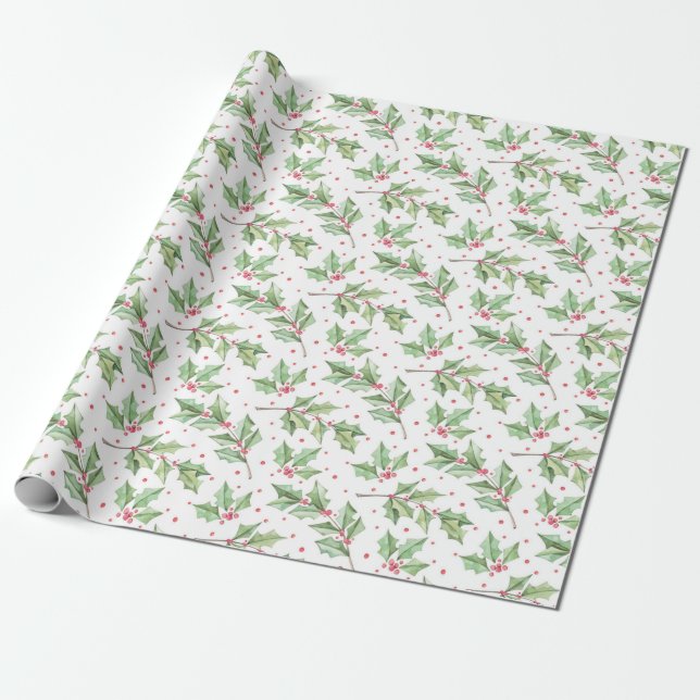 Papier Cadeau Aquarelle de Noël mignonne Baies botaniques Holly (Déroulé)