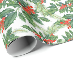 Papier Cadeau Aquarelle de Noël Mistletoe Holly Berry Holiday