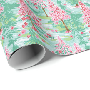 Papier Cadeau Aquarelle de Noël Palm Beach Pink & Green Trees