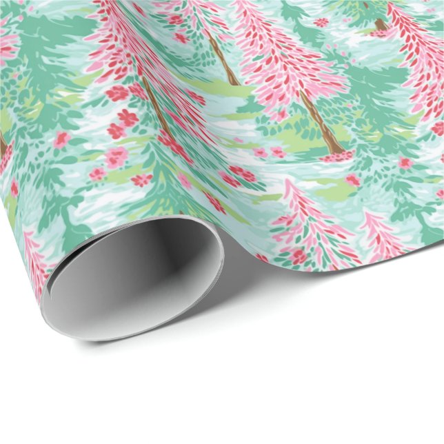 Papier Cadeau Aquarelle de Noël Palm Beach Pink & Green Trees (Coin rond)