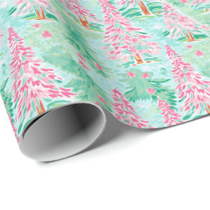 Papier Cadeau Aquarelle de Noël Palm Beach Pink & Green Trees