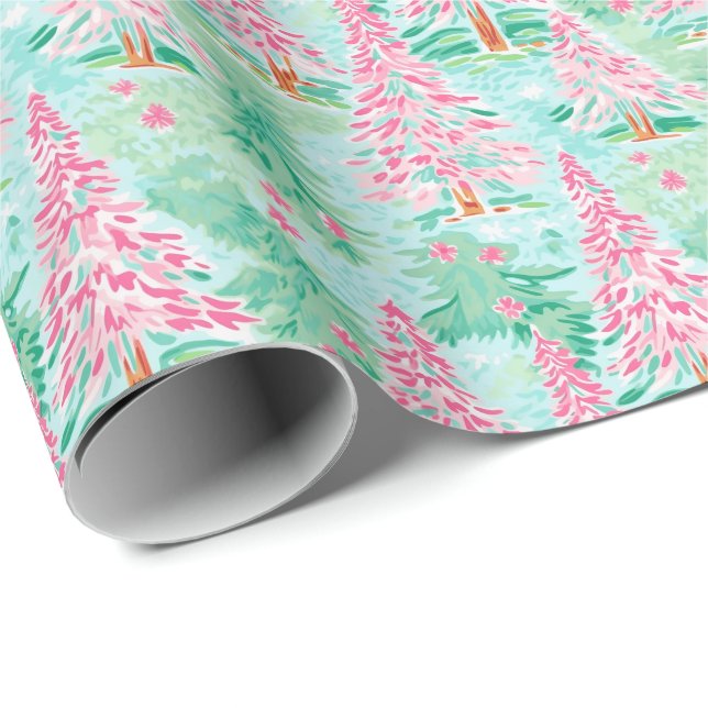 Papier Cadeau Aquarelle de Noël Palm Beach Pink & Green Trees (Coin rond)