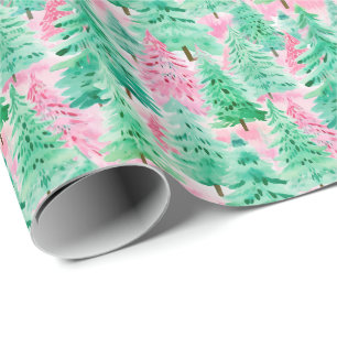 Papier Cadeau Aquarelle de Noël Palm Beach Pink & Green Trees