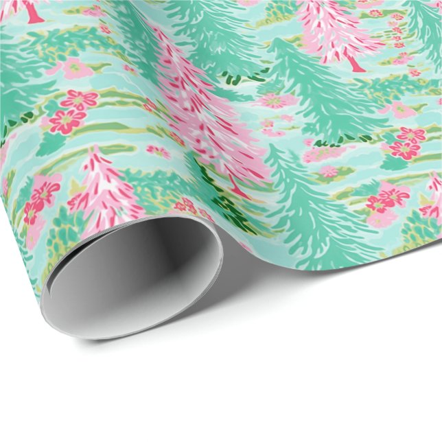Papier Cadeau Aquarelle de Noël Palm Beach Pink & Green Trees (Coin rond)