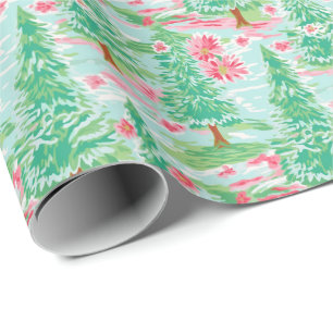 Papier Cadeau Aquarelle de Noël Palm Beach Pink & Green Trees