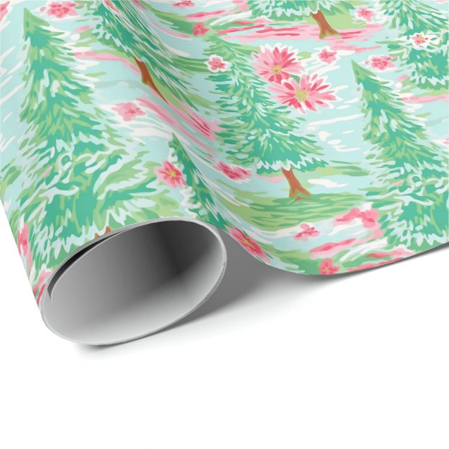 Papier Cadeau Aquarelle de Noël Palm Beach Pink & Green Trees (Coin rond)