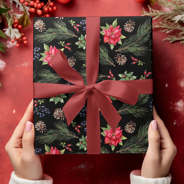 Papier Cadeau Aquarelle de Noël Poinsettia Floral (Créateur téléchargé)