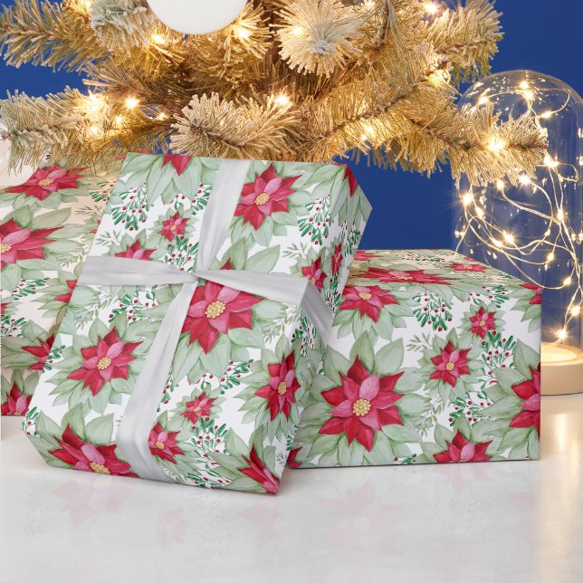 Papier Cadeau Aquarelle de Noël Poinsettia Peinte à la main (Vacances)