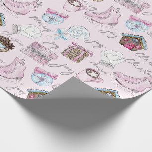 Papier Cadeau Aquarelle de Noël rose mignonne