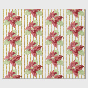 Papier Cadeau Aquarelle de Noël Rouge Flore Feuilles d'or rayure