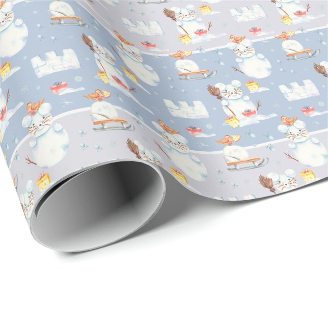 Papier Cadeau Aquarelle de Noël Snowman Rats Motif (Coin rond)