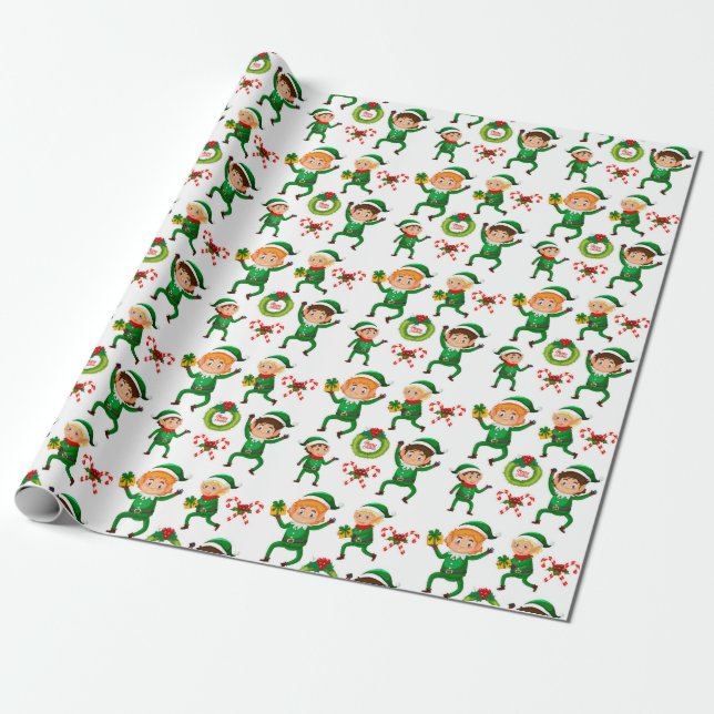 Papier Cadeau Aquarelle de Noël Sucre de canne Elfe Vert (Déroulé)