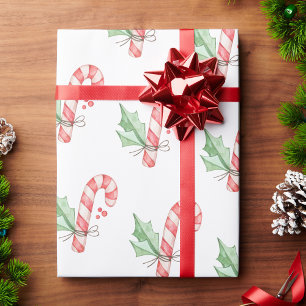 Papier Cadeau Aquarelle de Noël Sucres de canne rouges et verdur