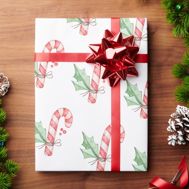 Papier Cadeau Aquarelle de Noël Sucres de canne rouges et verdur (Vintage Christmas Watercolor Red Candy Canes and Greenery Wrapping Paper by Painted Paperie
)