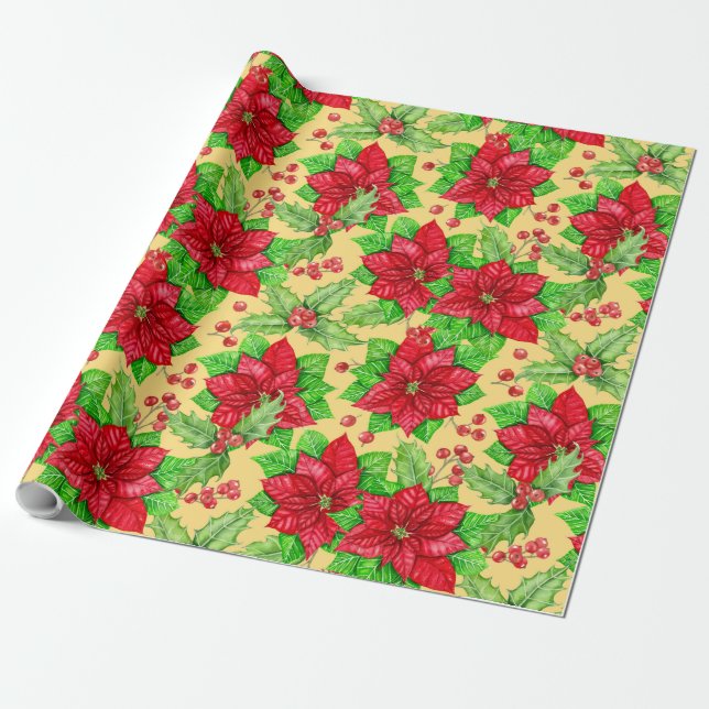 Papier Cadeau Aquarelle de Poinsettia et de baies sèches (Déroulé)