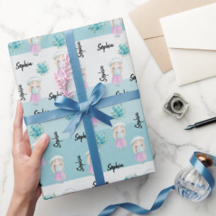 Papier Cadeau Aquarelle de poupée mignonne Monogrammé peint à la