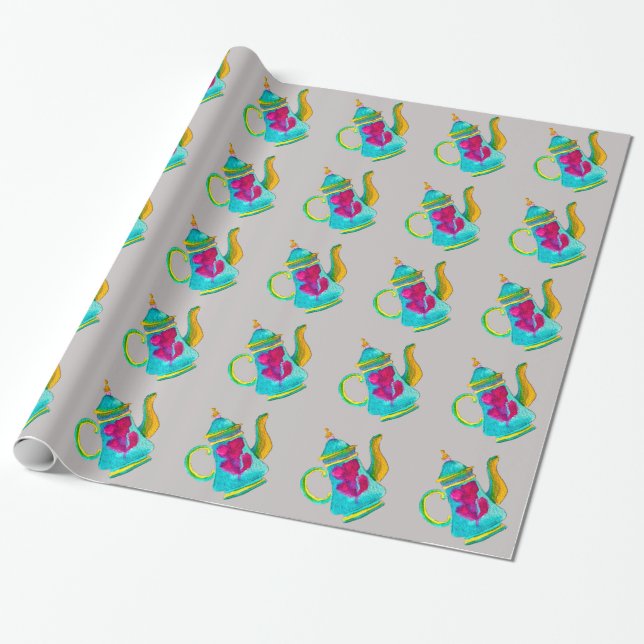 Papier Cadeau Aquarelle de Whimsal théière turque (Déroulé)