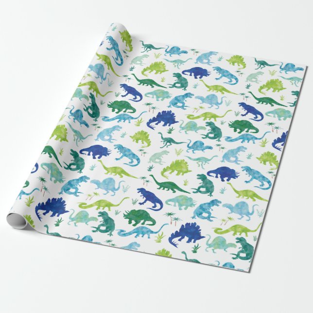Papier Cadeau Aquarelle Dinosaur Silhouette Green Blue Kids (Déroulé)