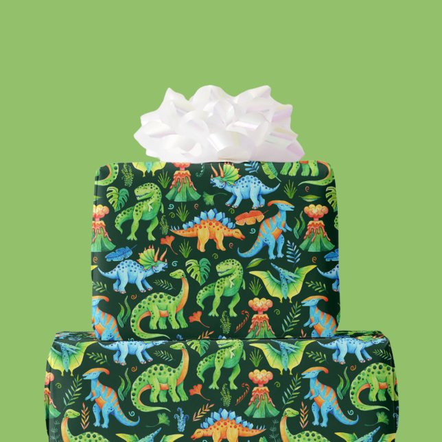 Papier Cadeau Aquarelle Dinosaures Garçons Anniversaire sur Vert (Watercolor Dinosaurs Boys Birthday on Dark Green Wrapping Paper)