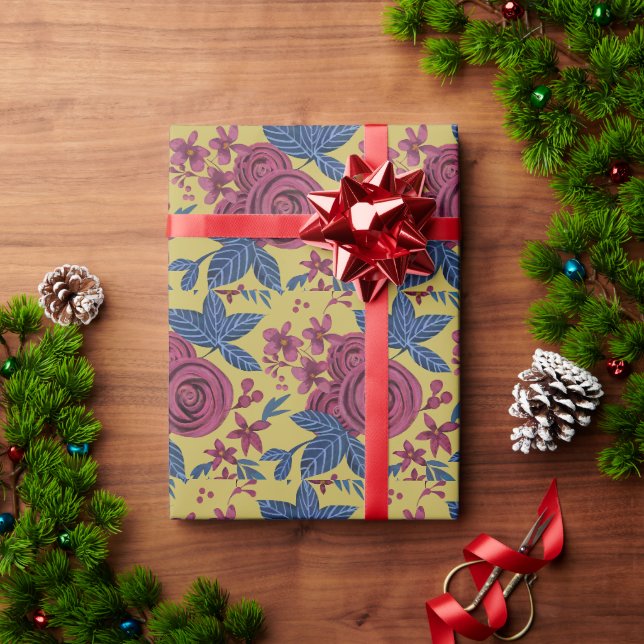 Papier Cadeau Aquarelle d'or Rose bleu Bourgogne (Cadeau de vacances)