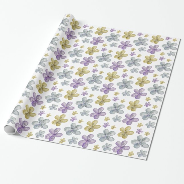 Papier Cadeau Aquarelle d'or violet Fleurs Inspirationnelles (Déroulé)