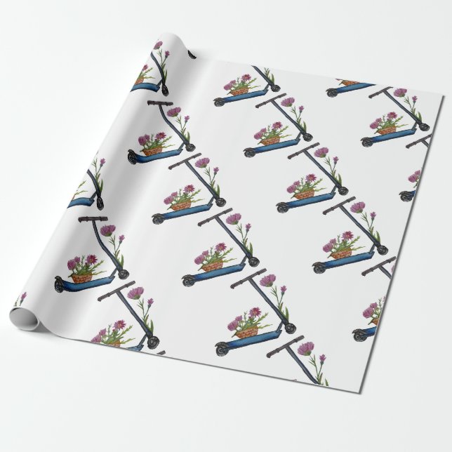 Papier Cadeau Aquarelle douce Art Push Scooter Papier d'envelopp (Déroulé)