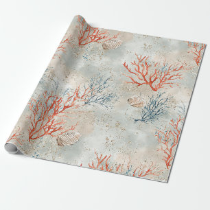 Papier Cadeau Aquarelle élégante de corail côtier et de vagues o