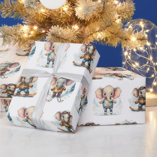 Papier Cadeau Aquarelle Eléphants Sports d'hiver