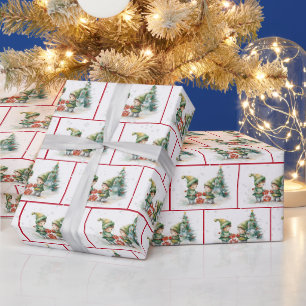 Papier Cadeau Aquarelle Elfes de Noël dans les flocons de neige