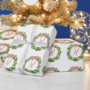 Papier Cadeau Aquarelle en arc rayé Wreath Monogramme de Noël