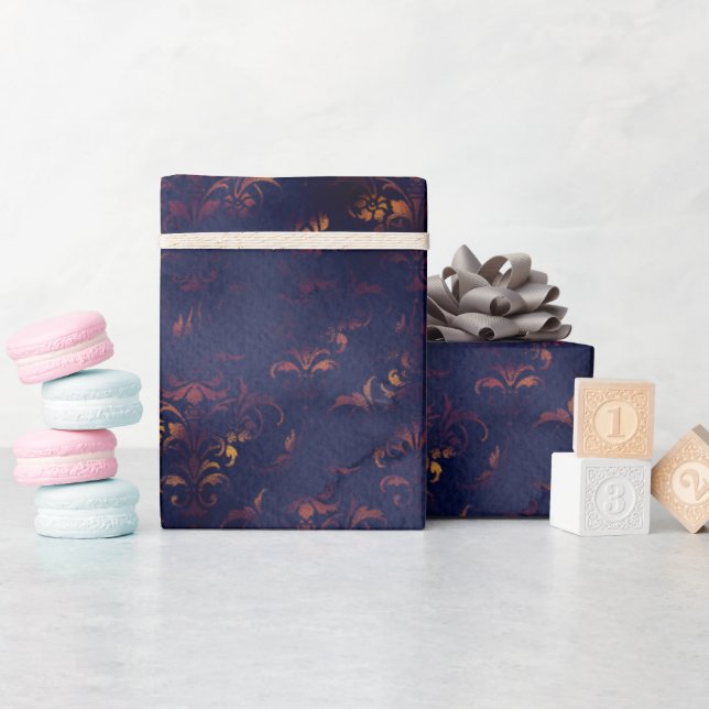 Papier Cadeau Aquarelle et motif Damas de patine de cuivre (Baby Shower)