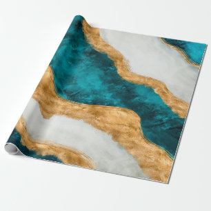 Papier Cadeau Aquarelle et or Turquoise Vague Abstraite