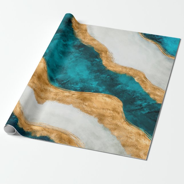 Papier Cadeau Aquarelle et or Turquoise Vague Abstraite (Déroulé)