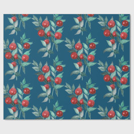 Papier Cadeau Aquarelle Festin Noël Baies rouges Bleu foncé