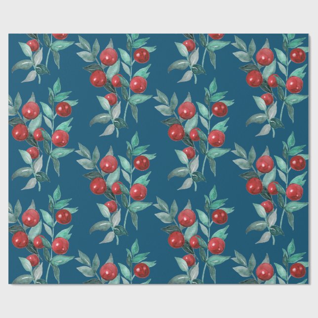 Papier Cadeau Aquarelle Festin Noël Baies rouges Bleu foncé (Plat)