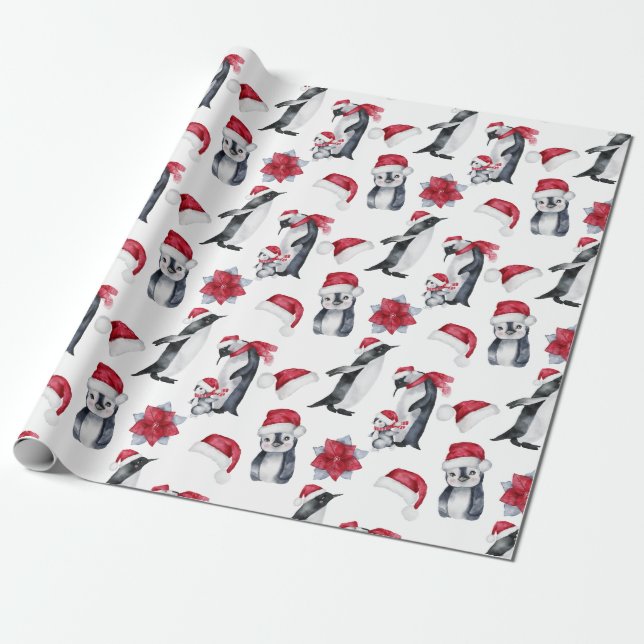 Papier Cadeau Aquarelle festive Penguin de Noël (Déroulé)