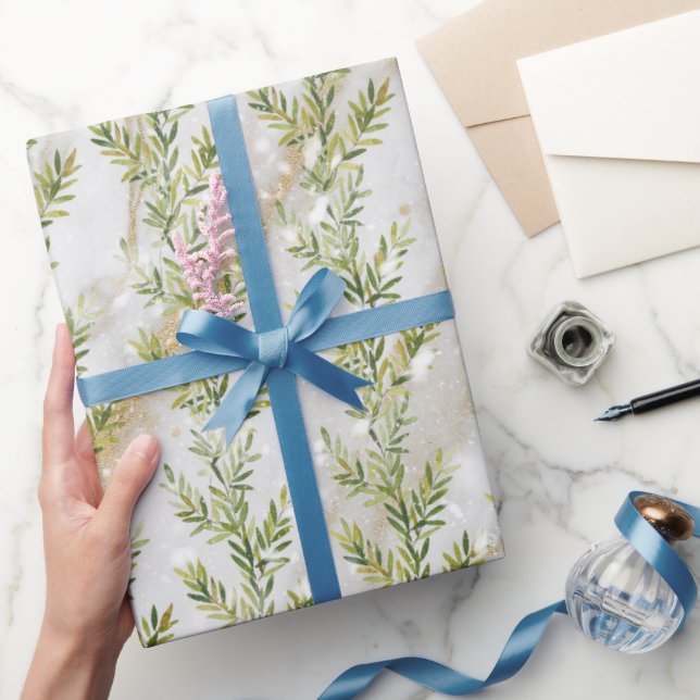 Papier Cadeau Aquarelle feuille motif avec marbre gris et neige (Cadeaux)