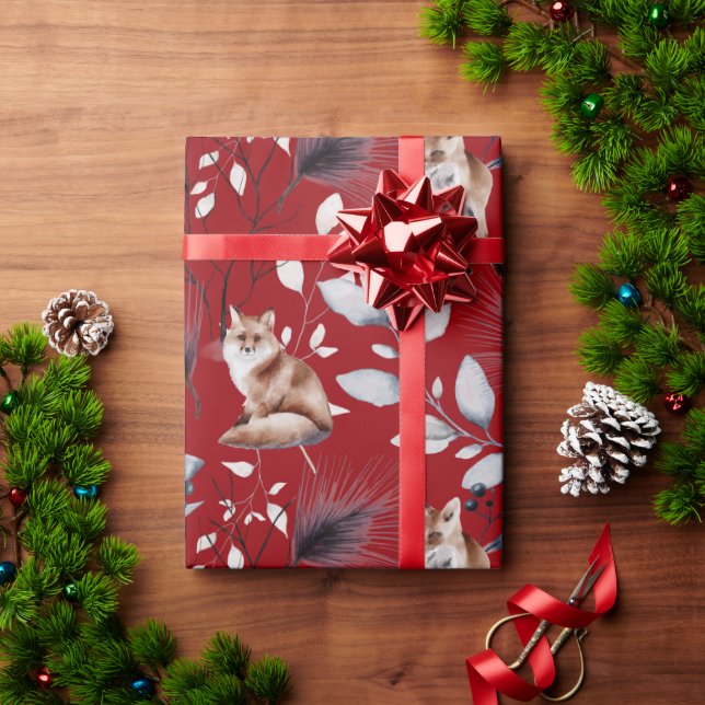 Papier Cadeau Aquarelle Feuille Red Fox d'hiver (Cadeau de vacances)
