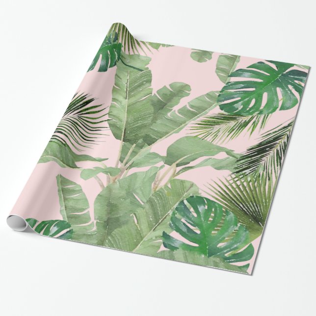 Papier Cadeau Aquarelle Feuille tropical Motif sur rose (Déroulé)