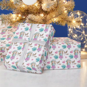 Papier Cadeau Aquarelle fille bleu rose mignonne