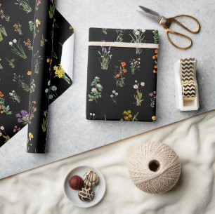 Papier Cadeau Aquarelle fleur sauvage Floral botanique noir