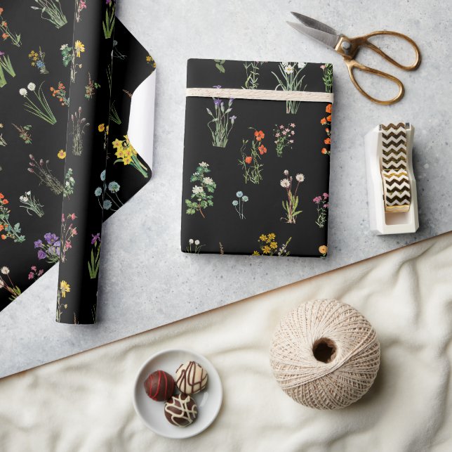 Papier Cadeau Aquarelle fleur sauvage Floral botanique noir (Artisanat)