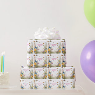 Papier Cadeau Aquarelle Fleur sauvage Gris Et Papillons,