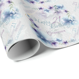 Papier Cadeau Aquarelle Fleurs Bleu et Violet Nom et âge