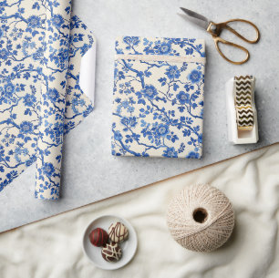 Papier Cadeau Aquarelle fleurs bleues Chinoiserie jardin de prin