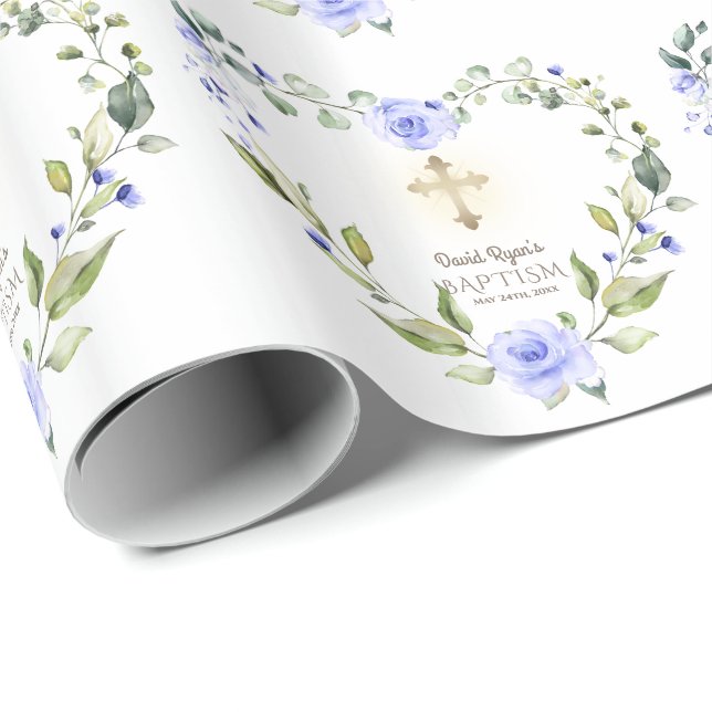 Papier Cadeau Aquarelle Fleurs Bleues Gold Cross Boy Baptême (Coin rond)