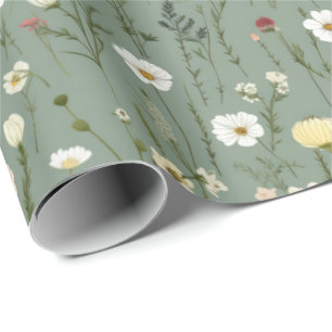 Papier Cadeau Aquarelle Fleurs Delicate Foliage Motif vert