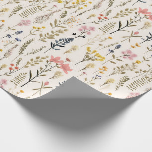Papier Cadeau Aquarelle Fleurs Delicates Foliage Motif Crème