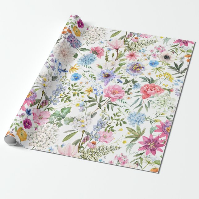 Papier Cadeau Aquarelle Fleurs Jardins Mixtes (Déroulé)